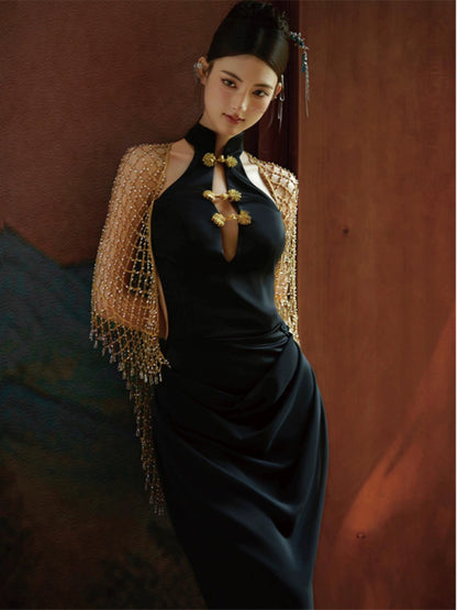 Black Cheongsam Mermaid Dress – Luxury Open-Back Retro Evening Gown
