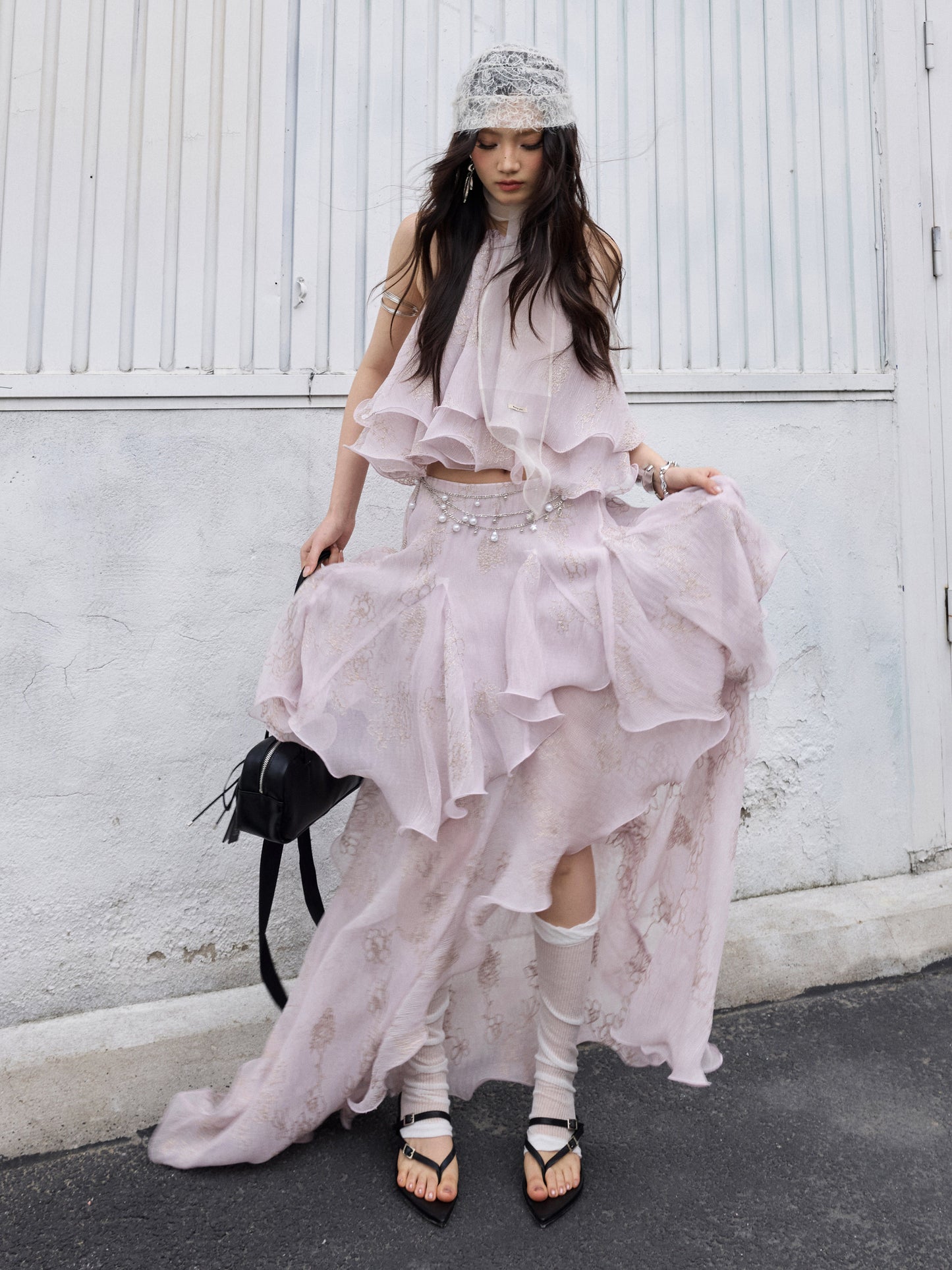 Peach Pink Ruffle Halter Dress | Fairycore Two-Piece Set