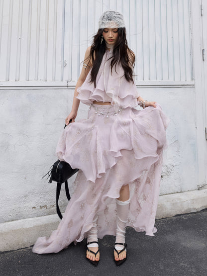 Peach Pink Ruffle Halter Dress | Fairycore Two-Piece Set
