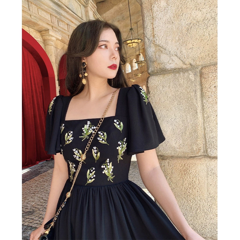 Black French Embroidered Square Neck Dress