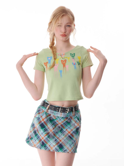 Camiseta de dopamina con estampado de mariposas, corte entallado, estilo retro con hombro derecho para el verano