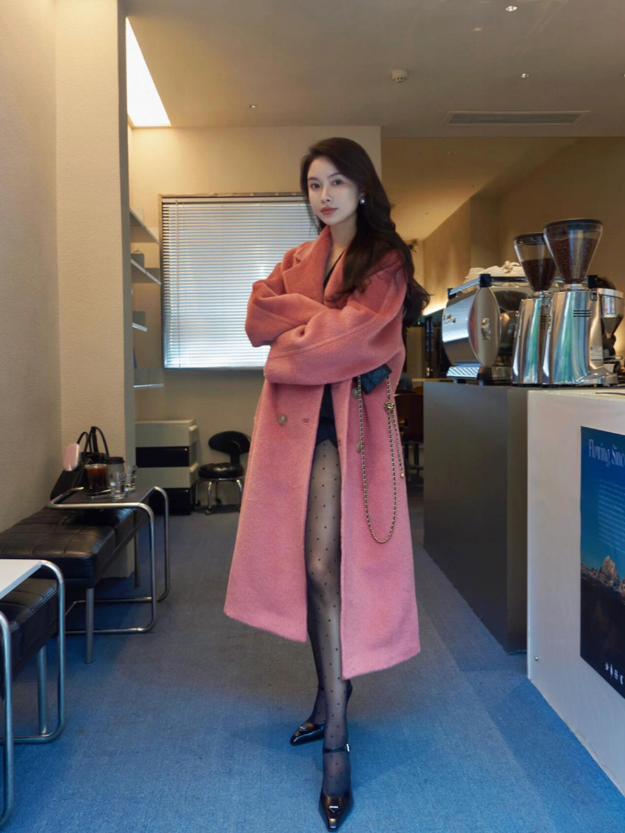 Pink Double-Sided Cashmere Coat – Hepburn-Style Mid-Length Elegance