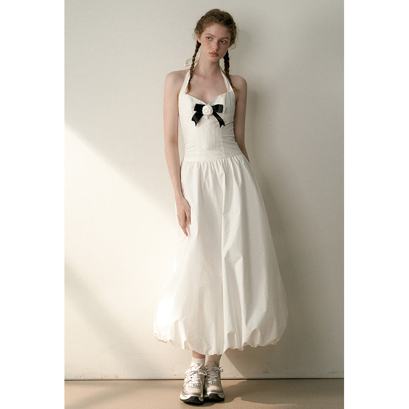 White Bow Flower Bud Long Dress