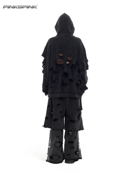 Rivet-Washed Distressed Unisex Y3K Hooded Cardigan