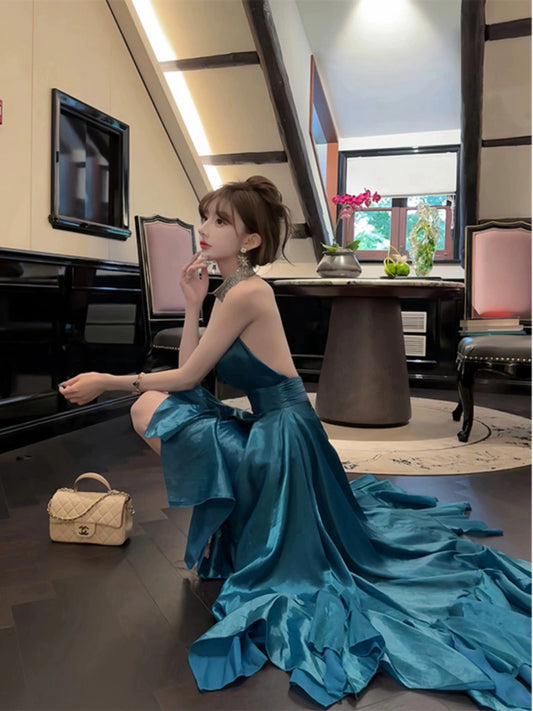 High-End French Blue Dresses – Luxe Autumn-Winter New Year's & Birthday Style