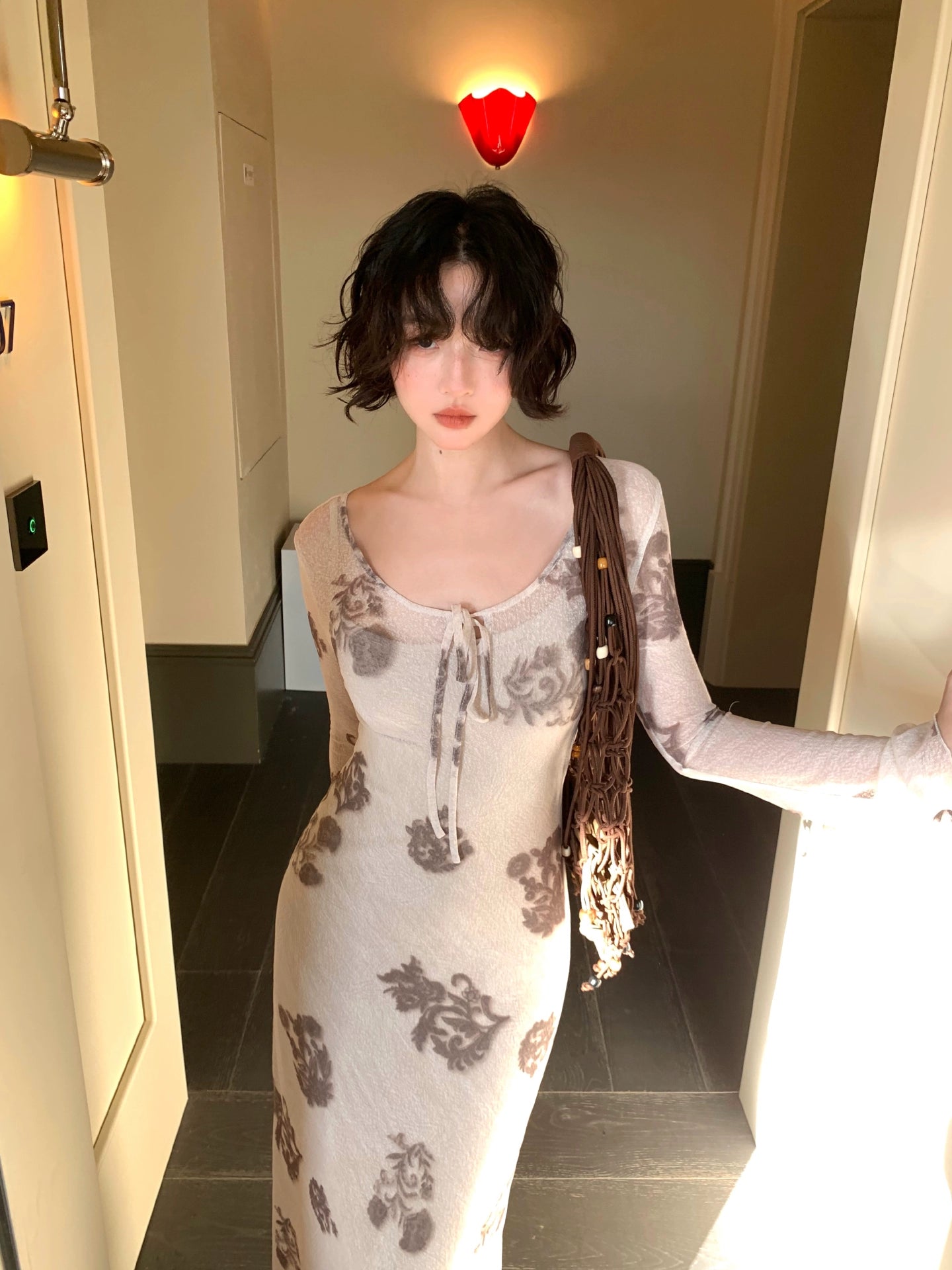 Autumn Ivy & Apricot Linen Mesh Print Long Dress – Hong Kong Retro 2025 Autumn