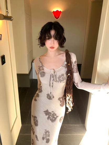 Autumn Ivy & Apricot Linen Mesh Print Long Dress – Hong Kong Retro 2025 Autumn