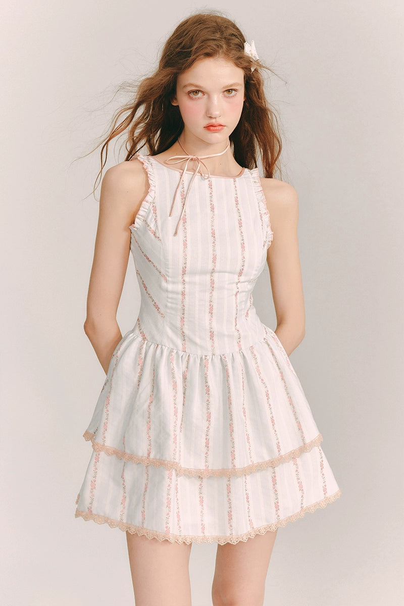 Sapphire Elegance - Sleeveless Stripe Lace Dress