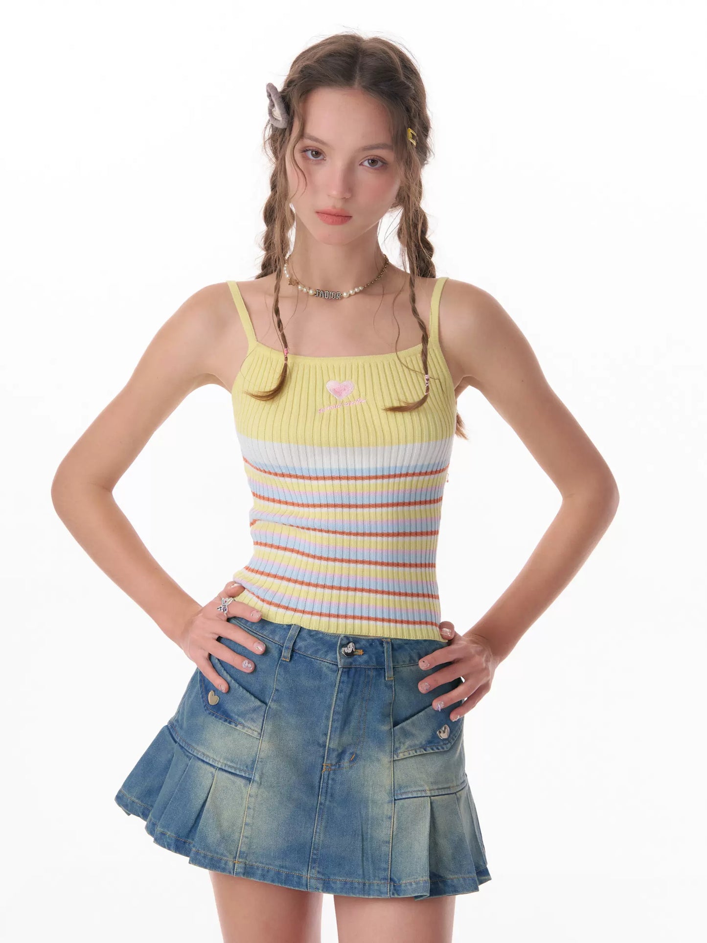 Love Rabbit Embroidered Tank Top | Striped Slim Fit Retro Design for Summer