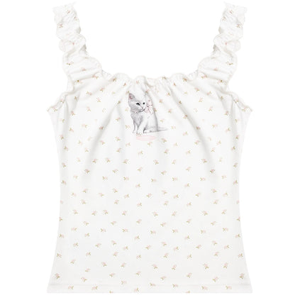 Rabbit Printed Sleeveless Top | Floral Ear Side Retro Tank Design for Summer