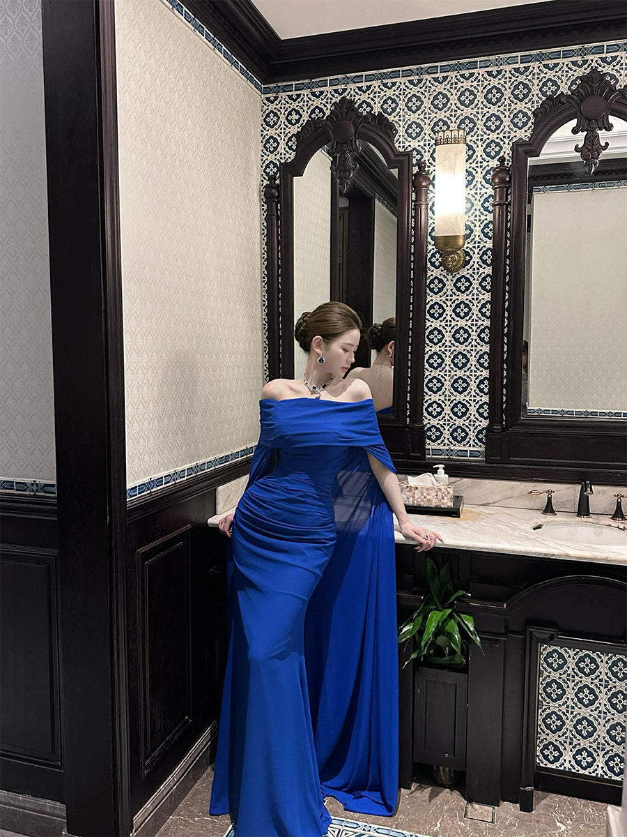 French Couture One-Shoulder Dress – Elegant Blue Satin Evening Gown