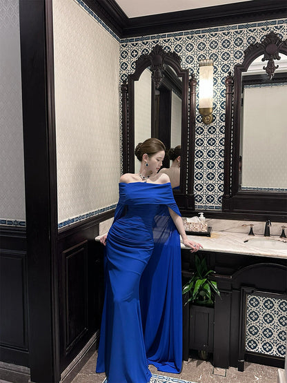 French Couture One-Shoulder Dress – Elegant Blue Satin Evening Gown
