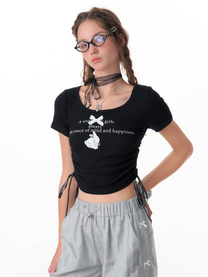 Rabbit Printed Drawstring T-shirt | Slim Fit Retro Round Neck for Summer