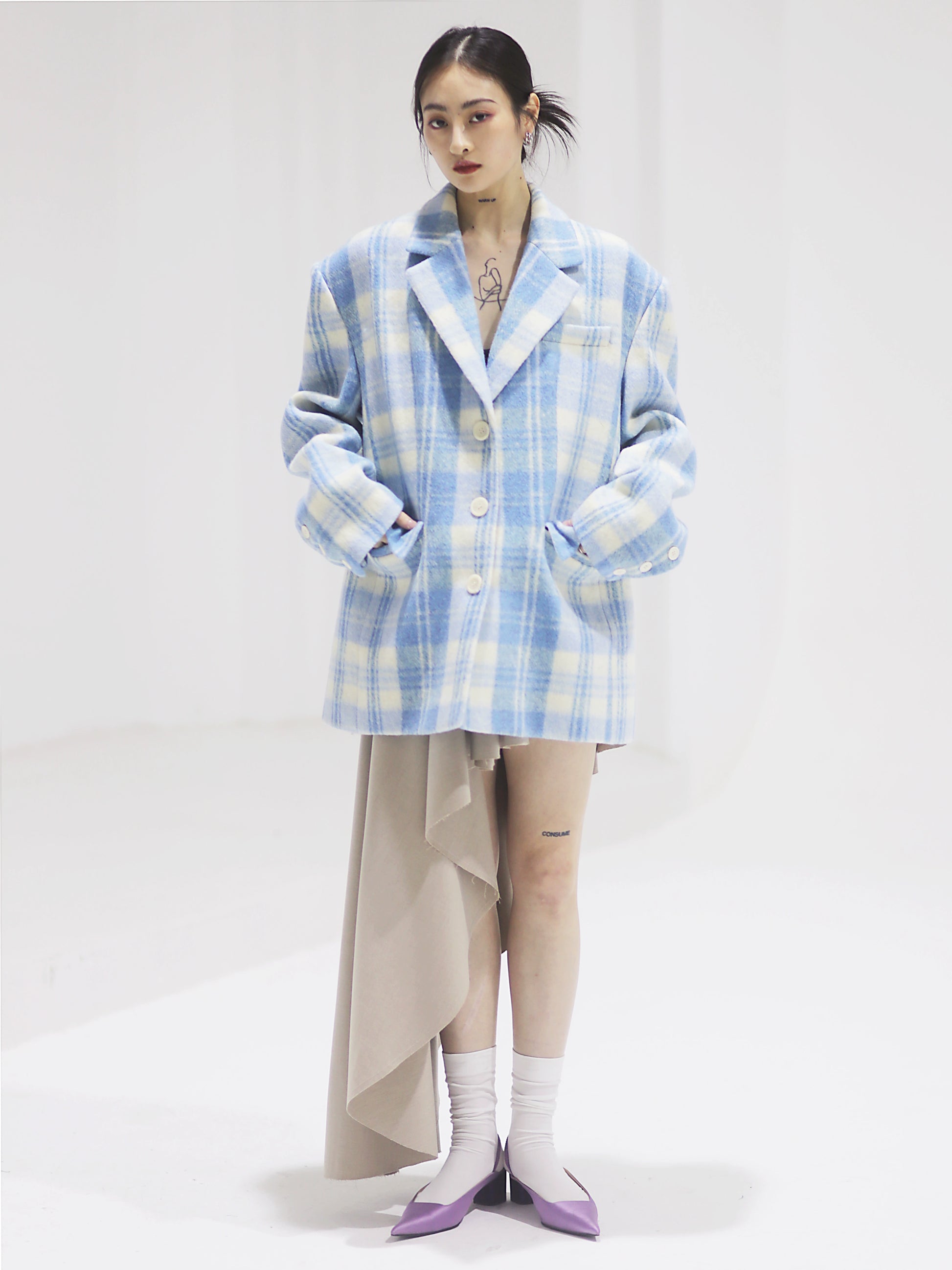 Sky Blue Bed Single Plaid Wool Ni Jacket