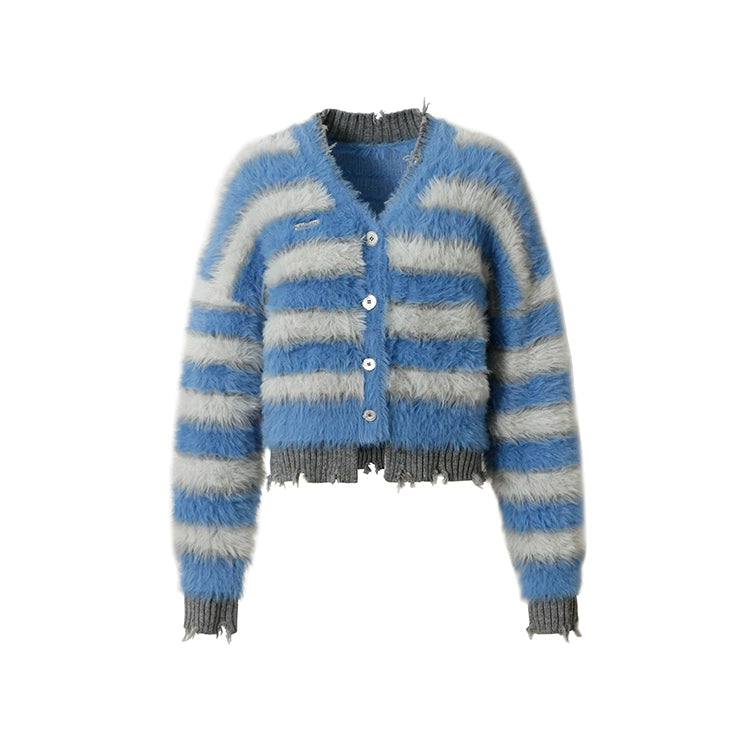 Style mohair de style paresseux doux d'origine rayures de contraste de mohair imitation Pull en talon de mousse en V pour femmes pour les femmes