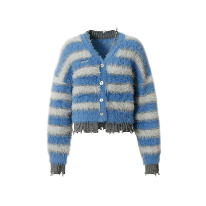 Mohair Contrast Stripes Imitation Mink Fleece V-Neck Cardigan