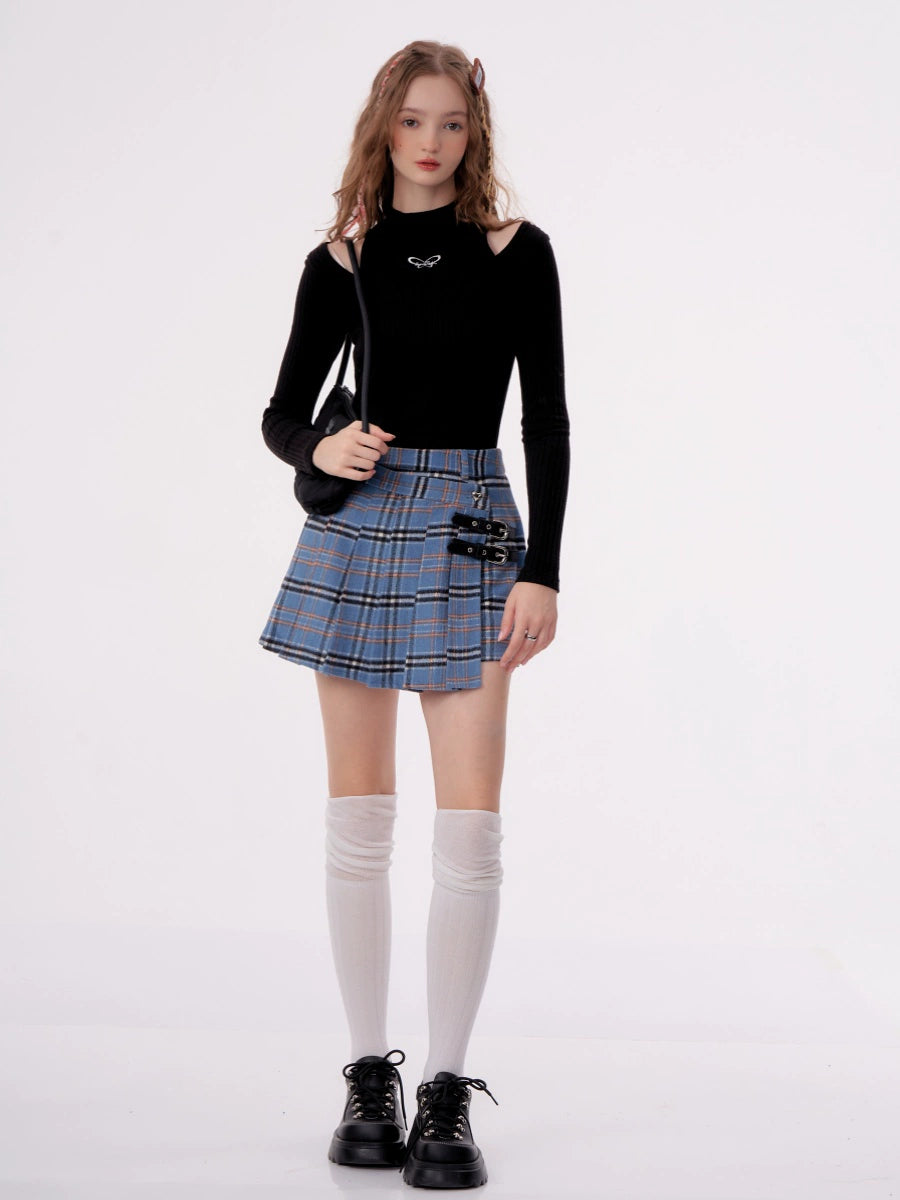 Blue Checkered Pleated Wool Skirt | High Waist Irregular Design for Autumn/Winter