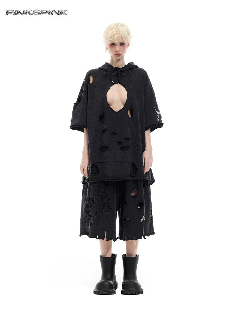 Electric Moon Embroidered Ripped Layered 7/8 Shorts – Punk Y2K