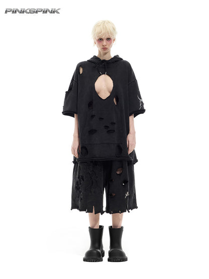 Electric Moon Embroidered Ripped Layered 7/8 Shorts – Punk Y2K