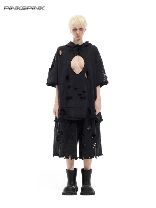 Electric Moon Embroidered Ripped Layered 7/8 Shorts – Punk Y2K