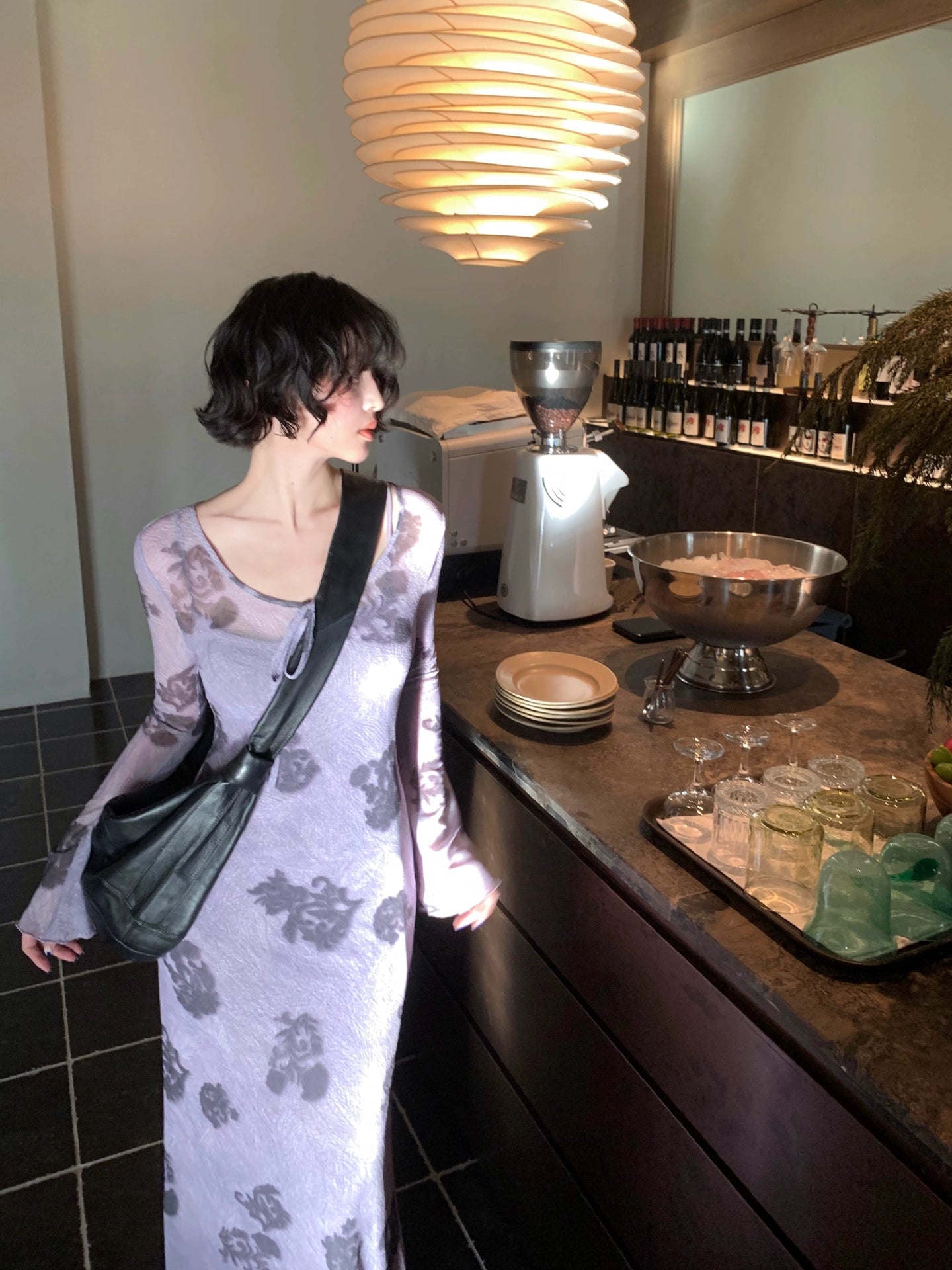 Autumn Ivy & Apricot Linen Mesh Print Long Dress – Hong Kong Retro 2025 Autumn