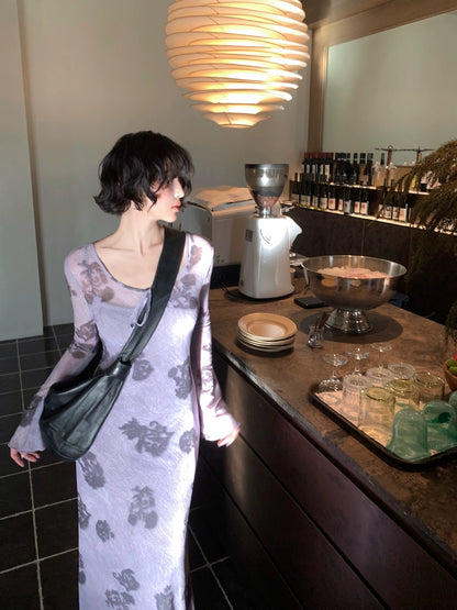 Autumn Ivy & Apricot Linen Mesh Print Long Dress – Hong Kong Retro 2025 Autumn