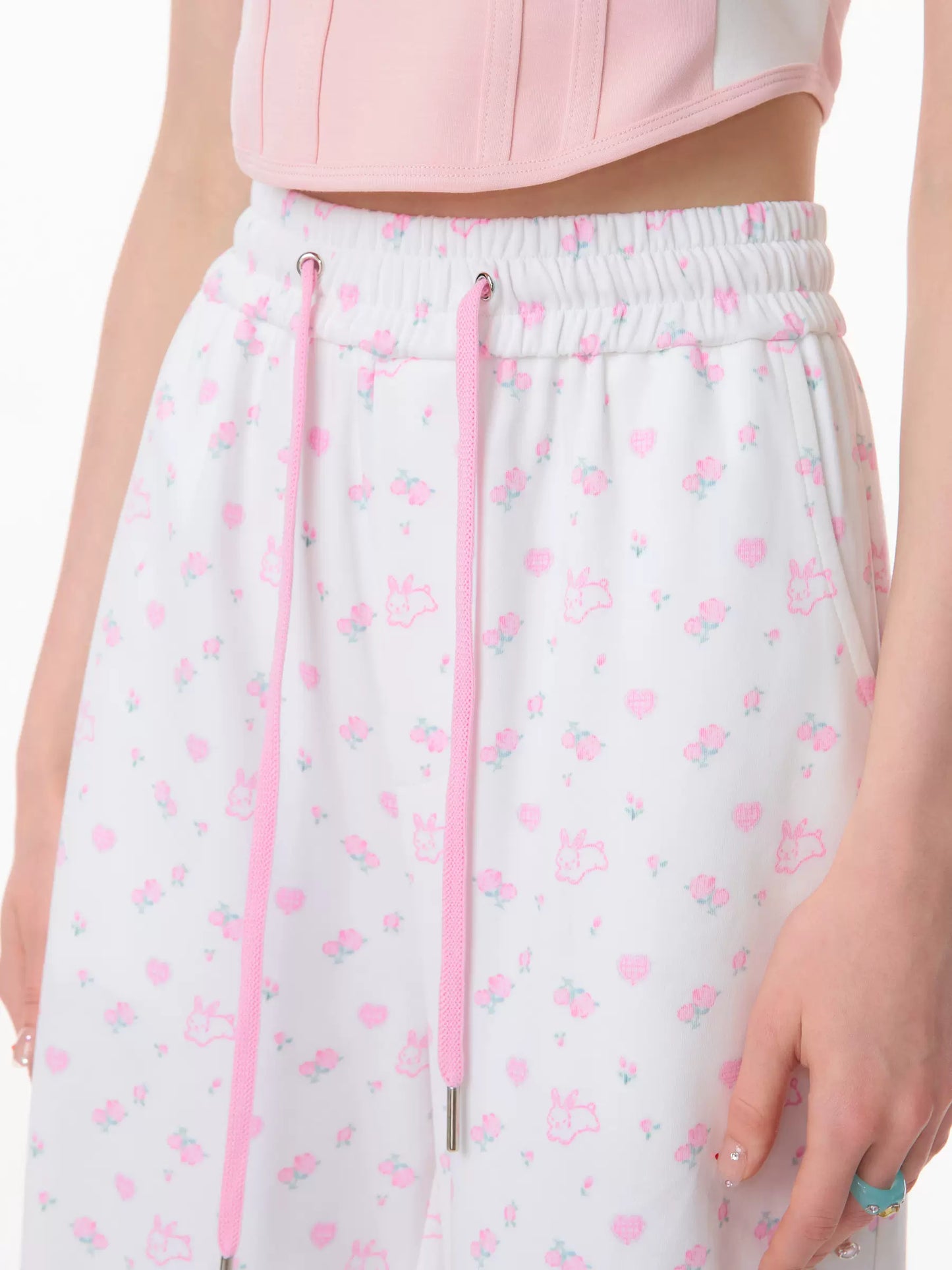 Pantalones anchos con estampado de conejo Estilo casual ajustado de cintura alta retro |