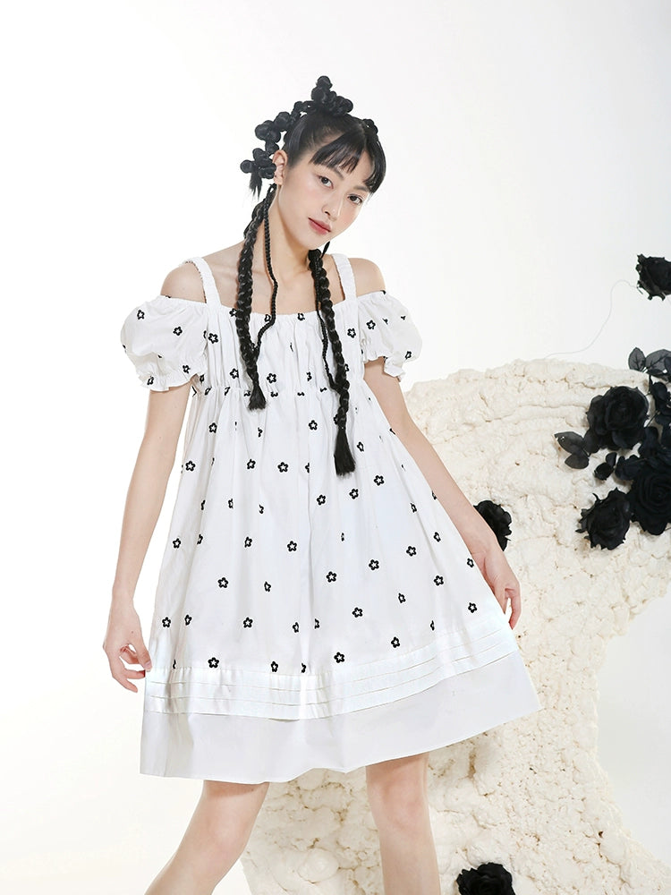 Black Embroidered Doll Dress - Square Neck Bubble Sleeve