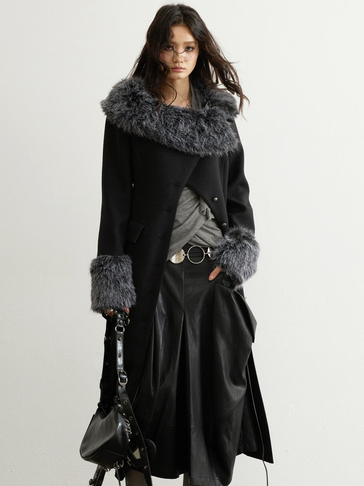 Asymmetrical Fur Collar Wool Coat | Retro Romantic Long Jacket