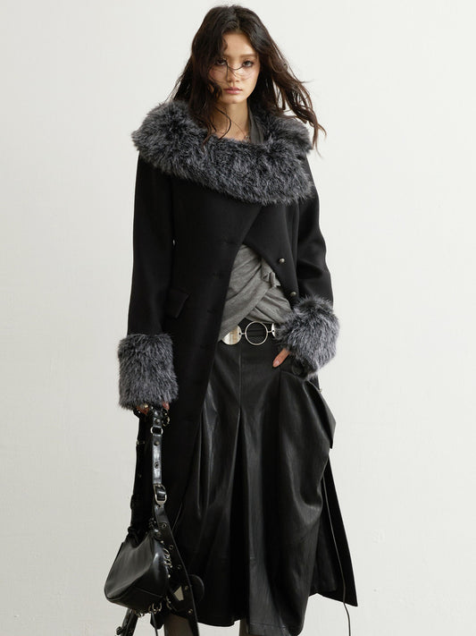 Asymmetrical Fur Collar Wool Coat | Retro Romantic Long Jacket