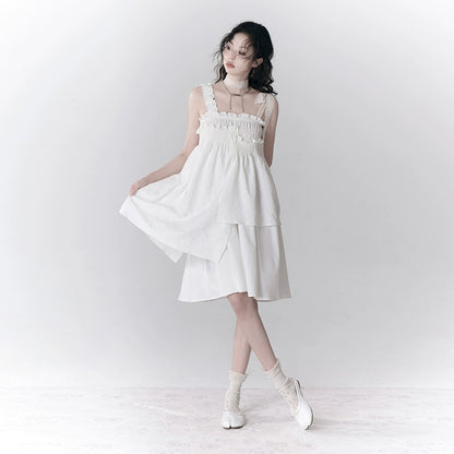 White Litchi Rose Romantic Splicing Sling Dress