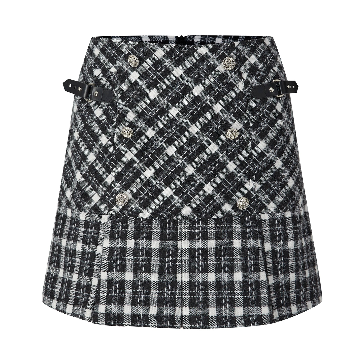 Woolen Black & Plaid A-line Skirt