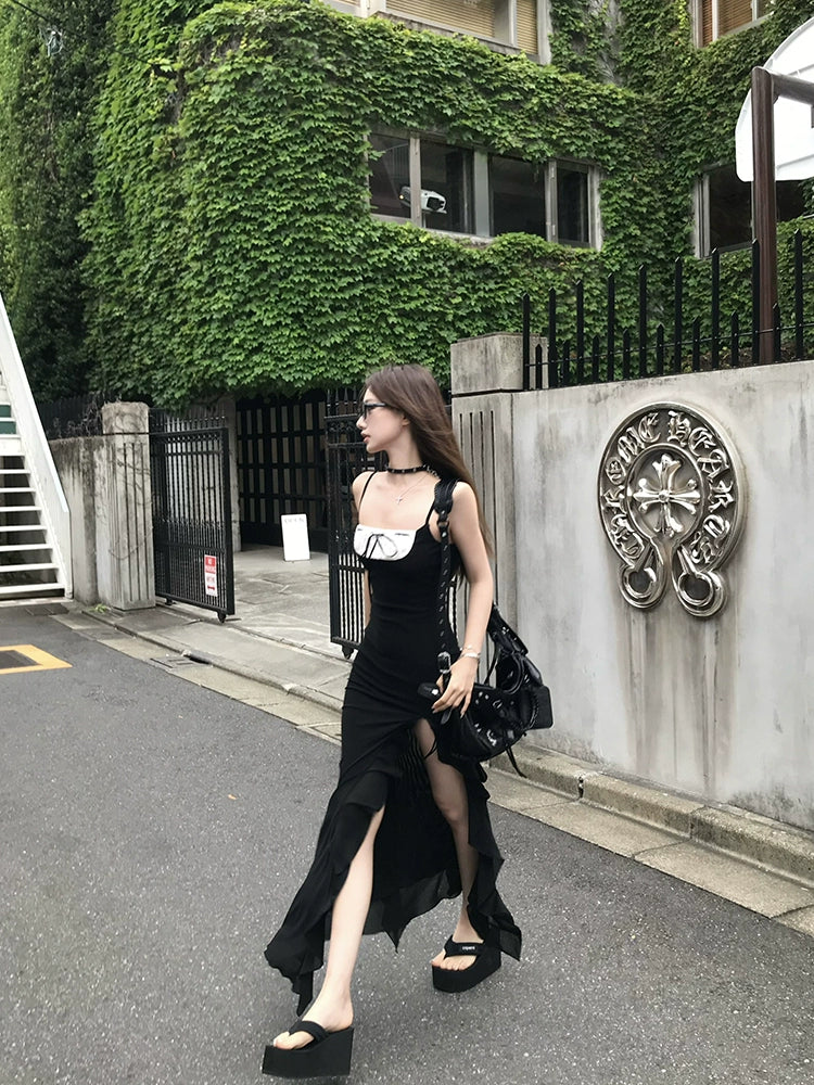 [Mermaid Sister] Black Sexy Hip-Hugging Strap Long Dress