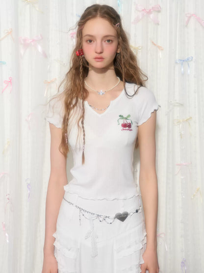 Cherry Embroidered Chain T-shirt | Mushroom Puff Sleeve V-neck Design for Summer