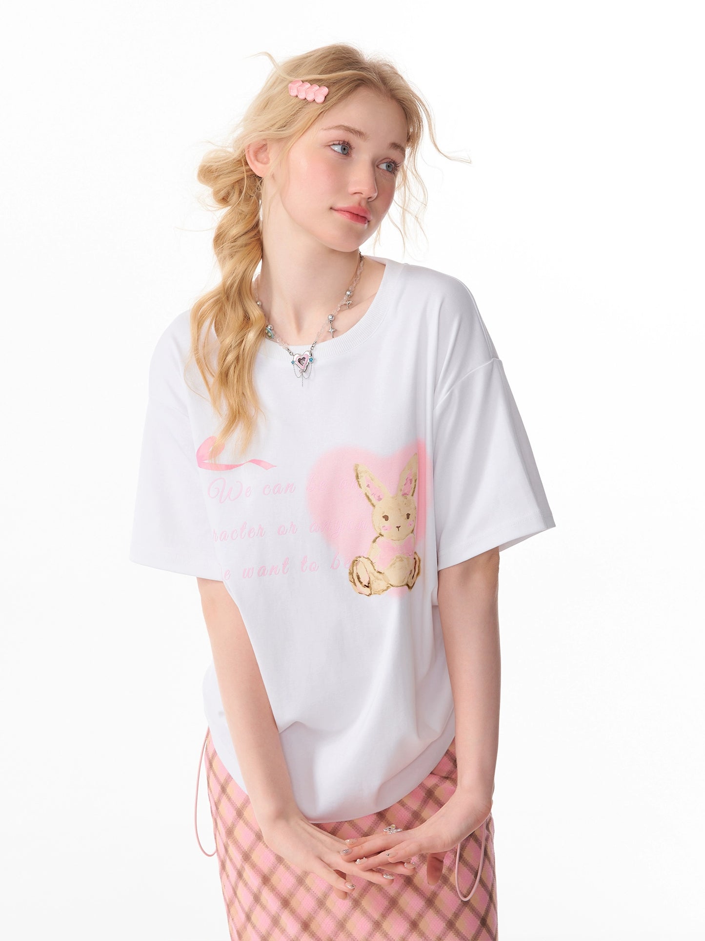 Love Rabbit Printed Drawstring T-shirt | Loose Round Neck Design for Summer