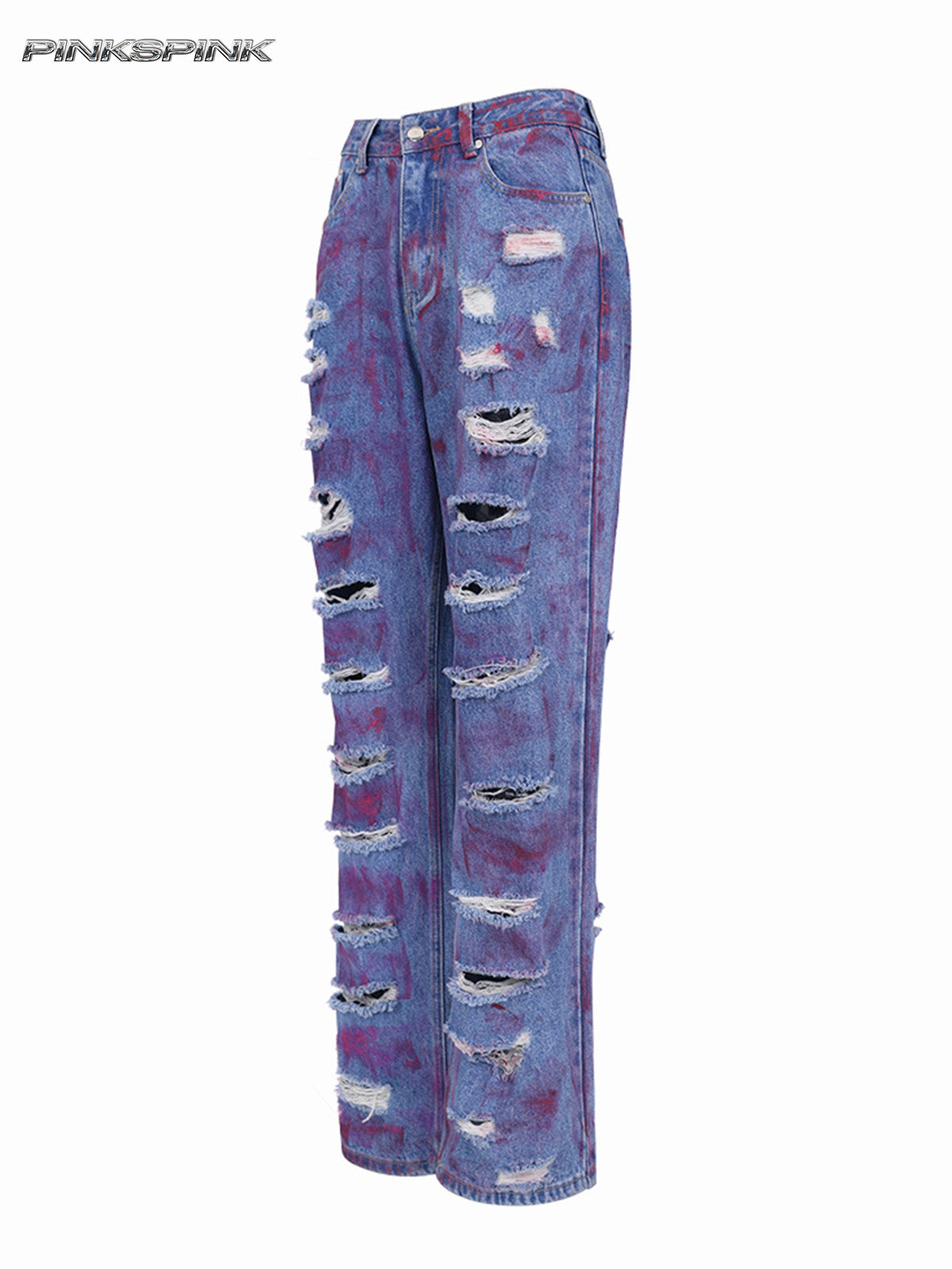 Wasteland Washed Irregular Ripped Unisex Denim Jeans