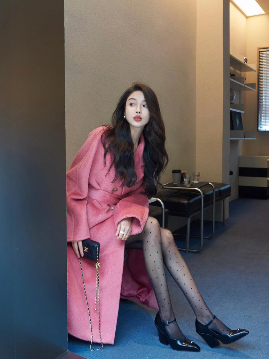 Pink Double-Sided Cashmere Coat – Hepburn-Style Mid-Length Elegance