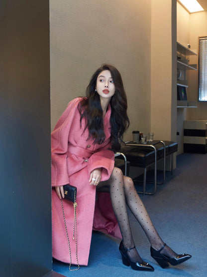 Pink Double-Sided Cashmere Coat – Hepburn-Style Mid-Length Elegance