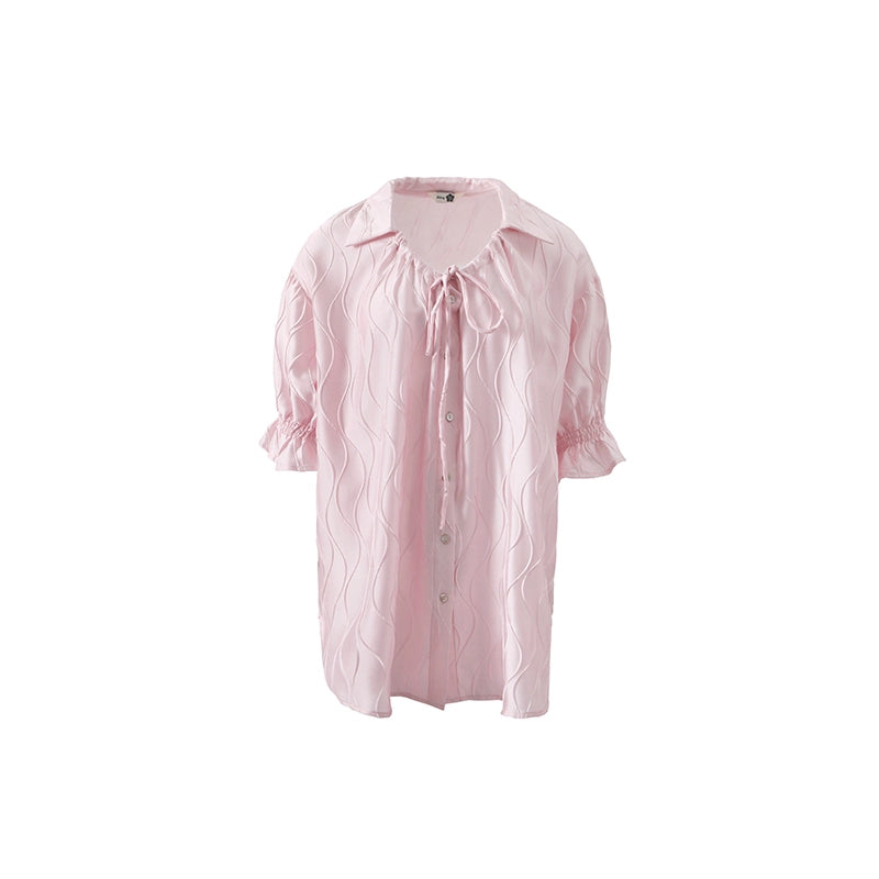 Original Design Moonlight Flowing Light Lazy Wind Loose Satin Wave Pleated Tie Short Sleeve Shirt