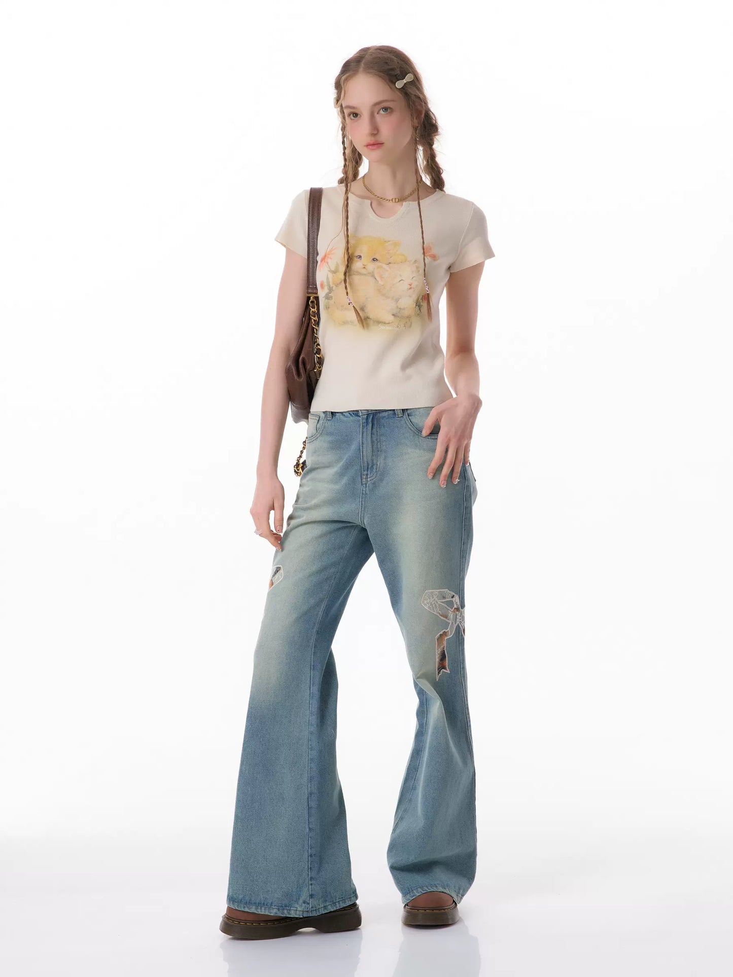 Bow Embroidered Wide-Leg Jeans | High Waist Slim Fit Micro Flare Design