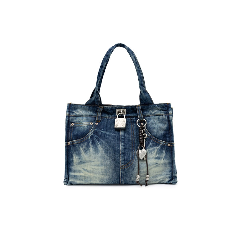 Vintage Distressed Embroidered Denim Tote Bag – Premium Shoulder Bag
