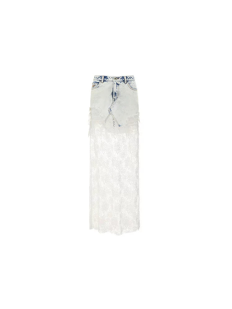 French Lace Panel Denim Maxi Skirt – Sheer Feminine Design