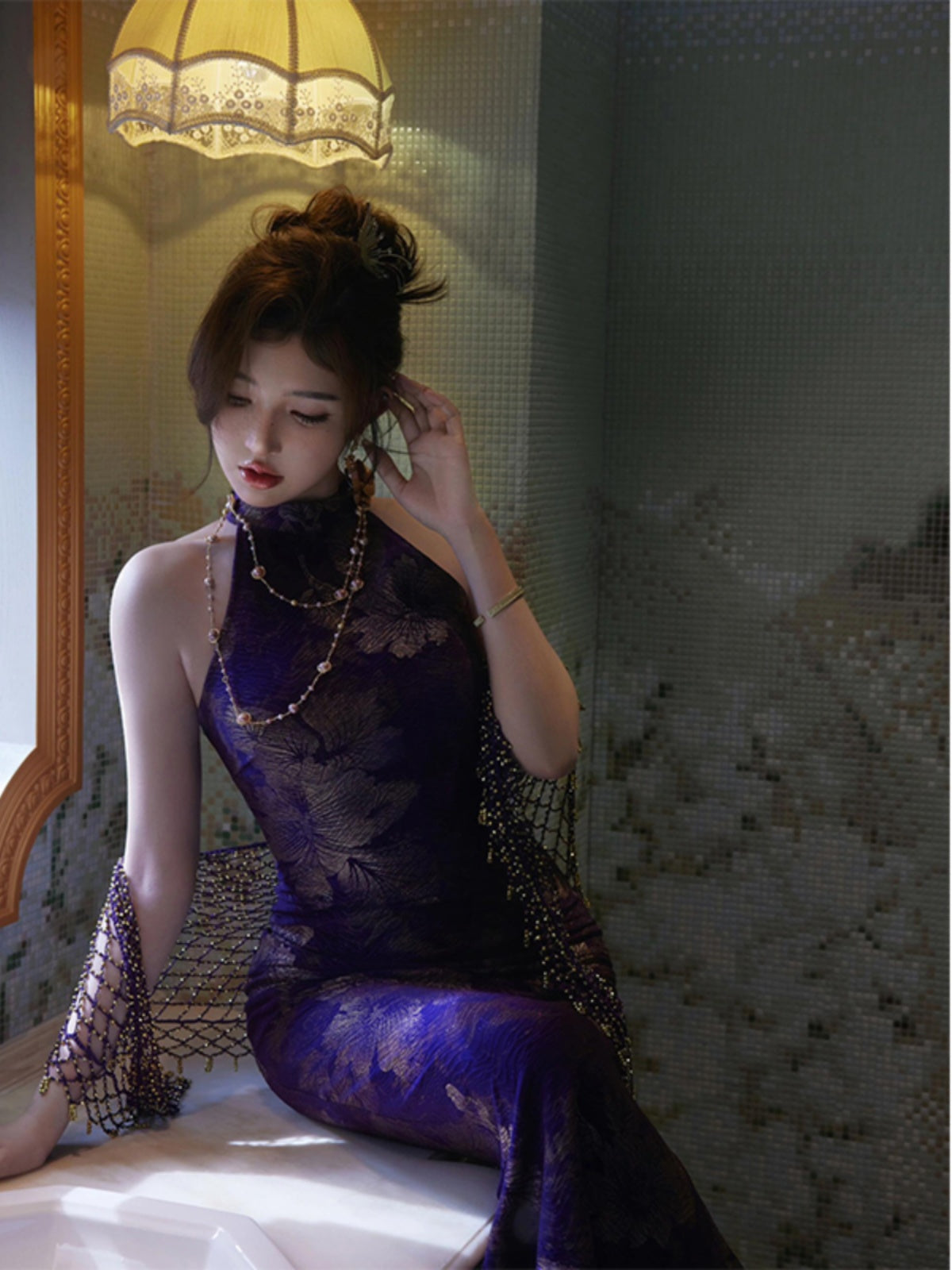 Modern Cheongsam – High-End Purple Jacquard Hip-Wrap Dress