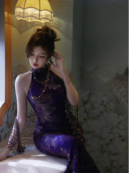 Modern Cheongsam – High-End Purple Jacquard Hip-Wrap Dress