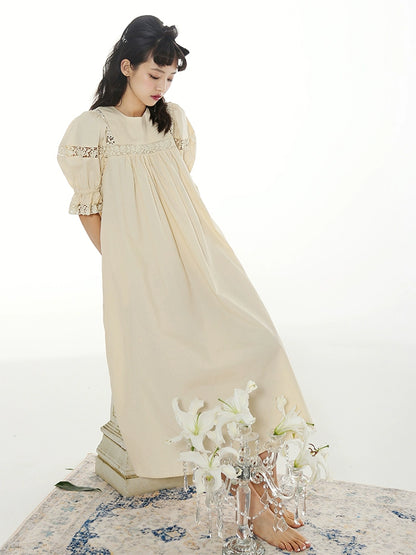 Gentle Milk Yellow High Waist Long Rose Lace Dress