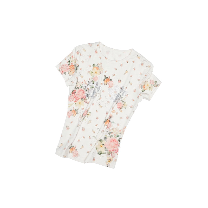 Resort Floral Rhinestone Crew Neck T-Shirt – Slim Short Sleeve Top