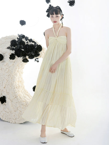 Original Light Yellow Handmade Knitted Neck Pleated Dress