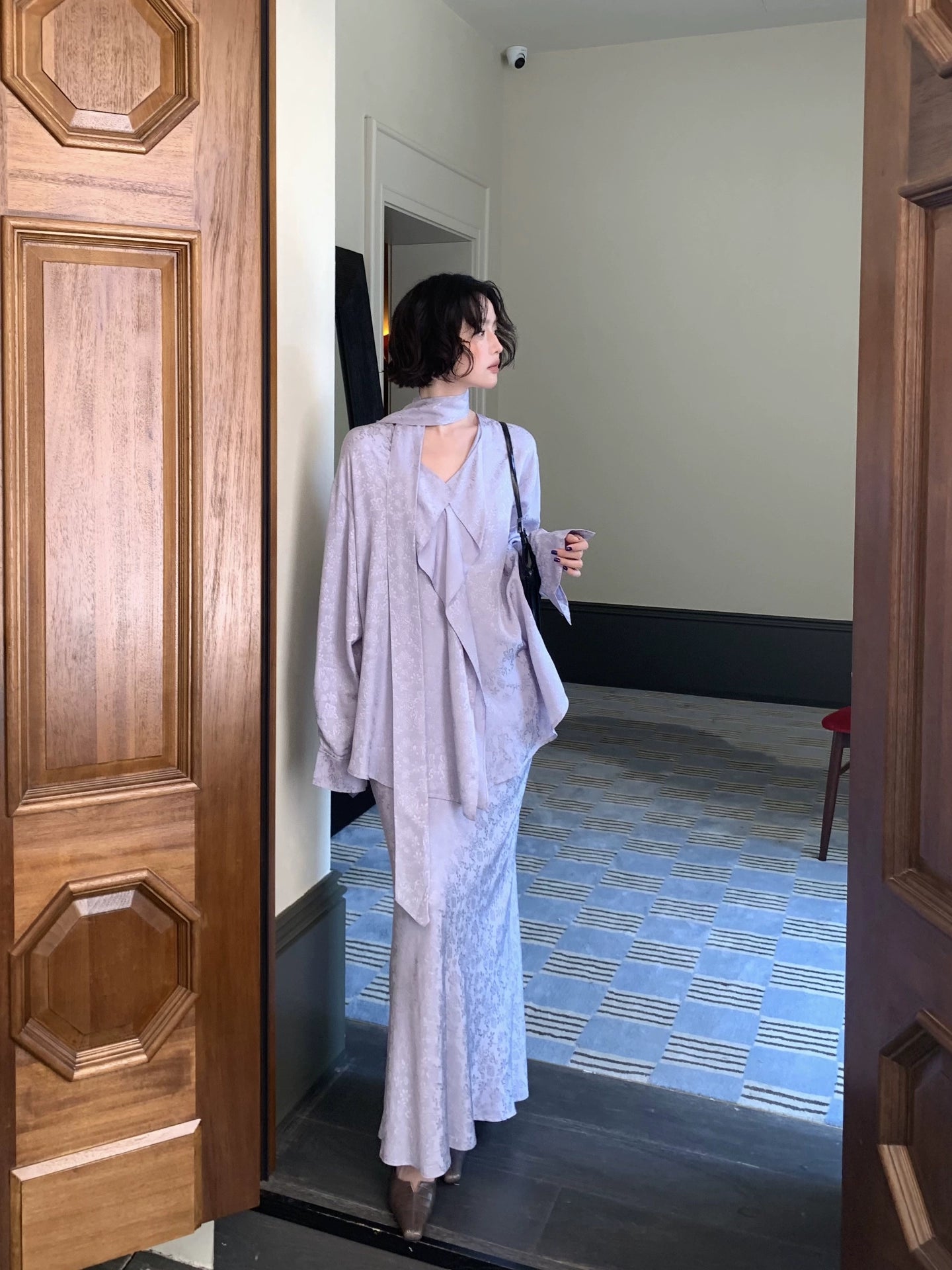 Azure Silk Tencel Shirt & Fishtail Skirt Set – Hong Kong Retro Autumn