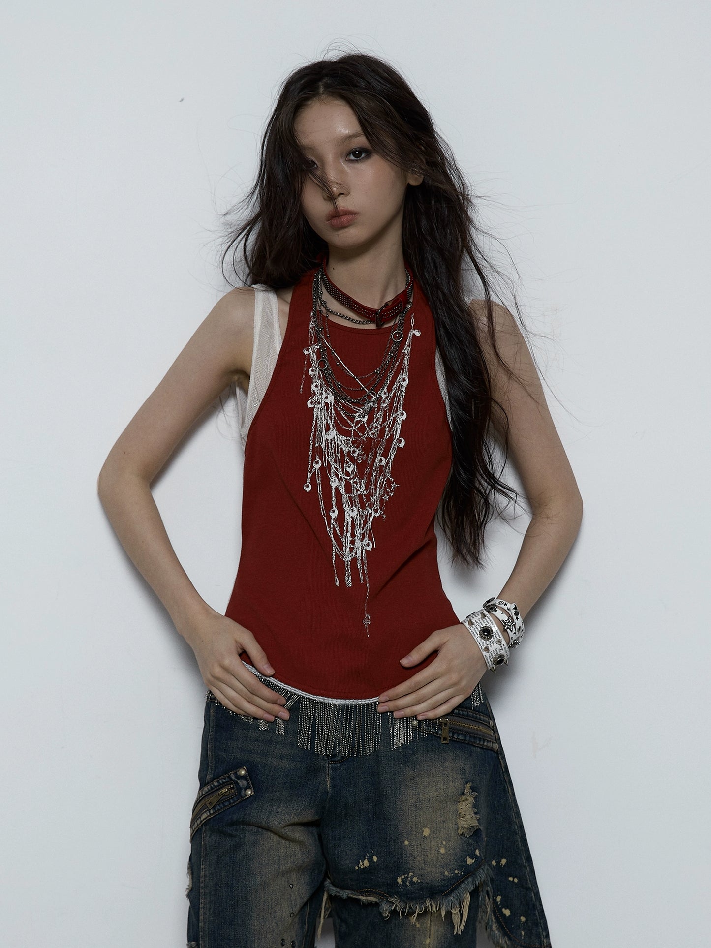 Chain Tassel Tank Top | Rebellious Punk Fake Two-Piece Design