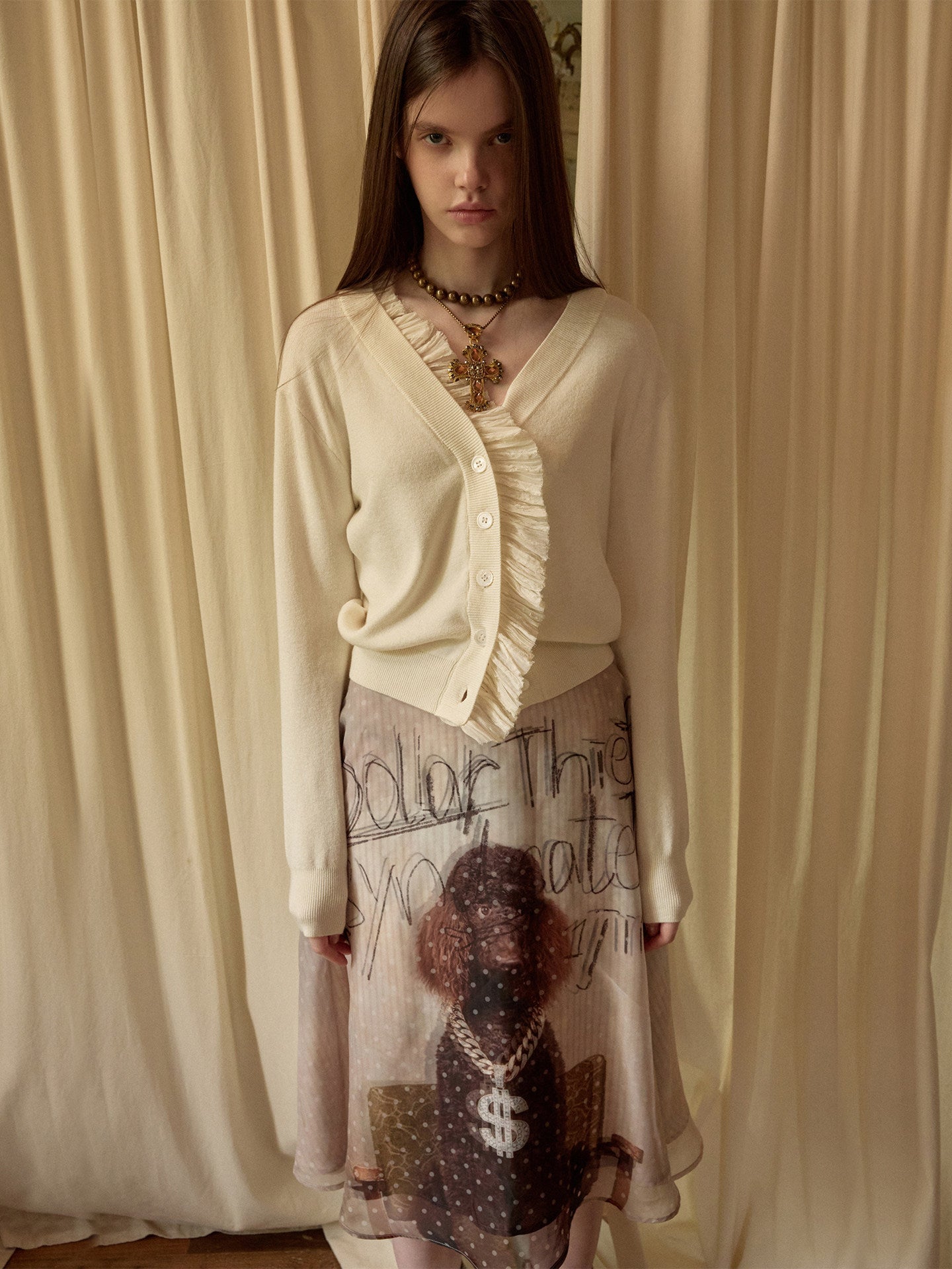 Acetate Cashmere Lace Knit Cardigan